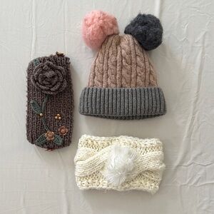 4/$20🙈 Multiples Cable Knit Pom Hat and Headband Set - Pink, Gray, Cream, Brown